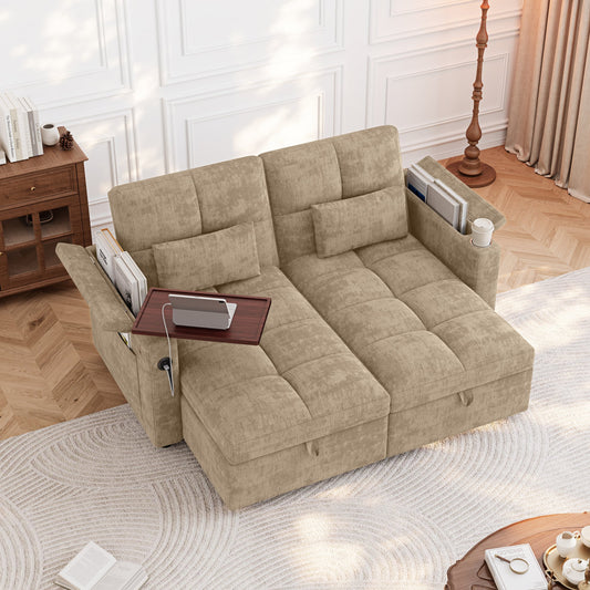 66.33" Modular Sleeper Sofa with Double Storage Chaise, 5-Position Adjustable Backrest, USB Port, Foldable Side Tray & Cup Holder, Convertible Chenille Sectional Sofa Bed for Apartment Living Room, D