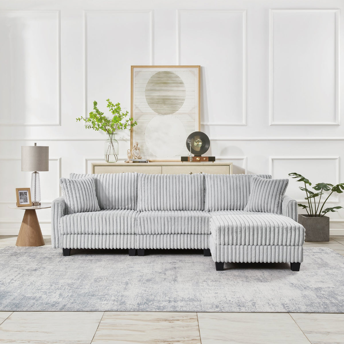 100-inch corduroy fabric sofa with L-shaped modular 3-seat convertible sofa, built-in dual charging ports at the arms