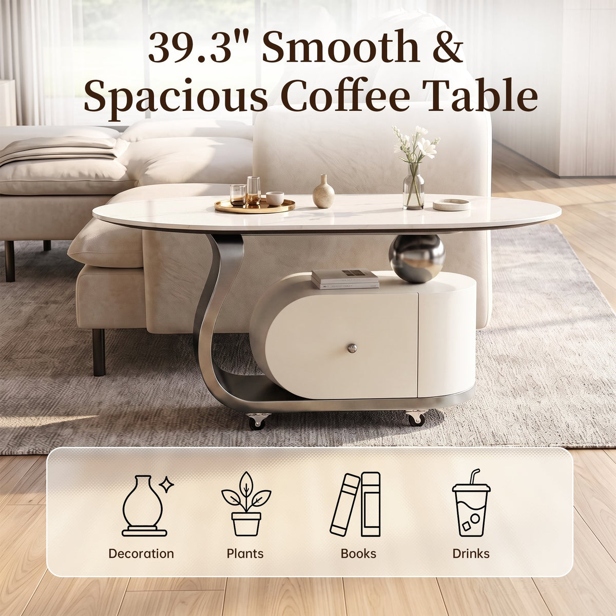 39.4" Sintered Stone End table with Drawer, Stainless Steel Base & 4 Lockable Casters, Modern Mobile Oval Coffee Table for Living Room, Easy Assembly (Gray)
