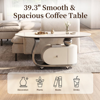 39.4" Sintered Stone End table with Drawer, Stainless Steel Base & 4 Lockable Casters, Modern Mobile Oval Coffee Table for Living Room, Easy Assembly (Gray)