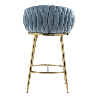 26'' Counter height bar stools Set of 2 kitchen island counter bar stool with hand- wave back, golden chromed base and footrest - Blue