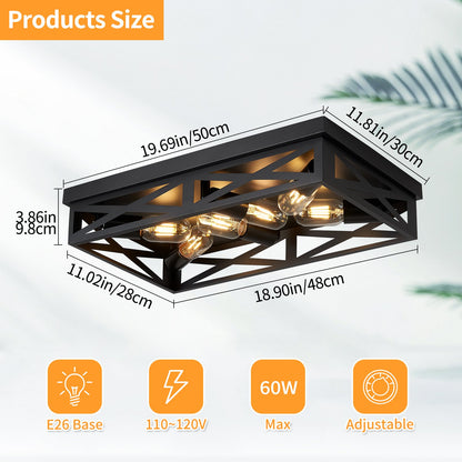 6-Light Matte Black Farmhouse Square Flush Mount Ceiling Light, Vintage Hollow Geometric Iron Cage Ceiling Lamp, Industrial Close to Ceiling Lighting for Dining Room, Bedroom-1 Pack(No light bulb)