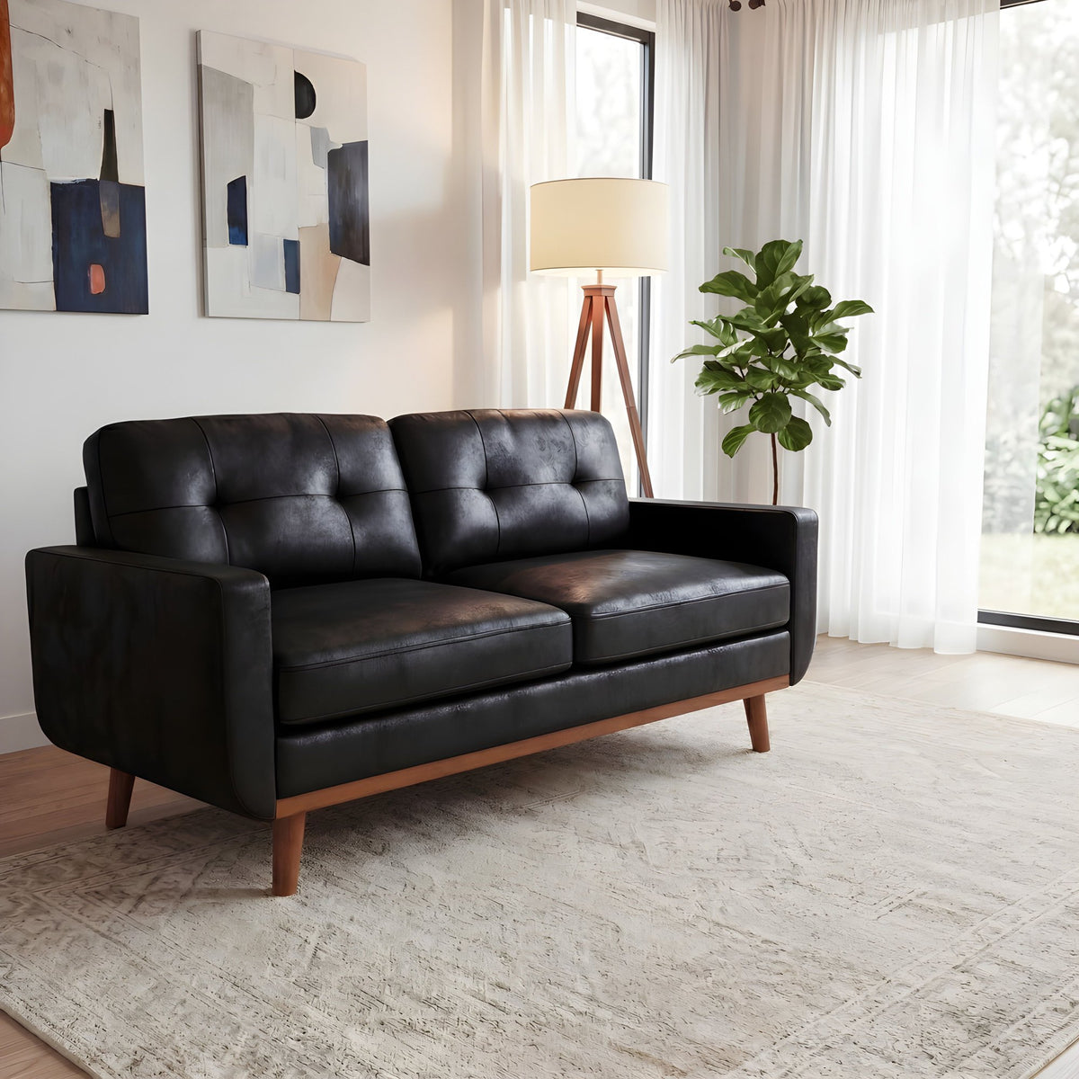 65-inch t Two-Seater Sofa in with Breathable Foil Fabric and Solid Wood Legs – Black