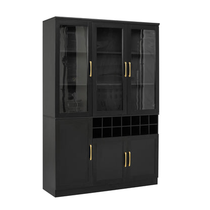 70.87'' Tall Wine Bar Cabinet with Glass Doors, Modern Liquor Cabinet with Removable 14-Bottle Wine Rack & Built-in Door Shelves, High-Capacity Home Bar Cabinet, Black70.87