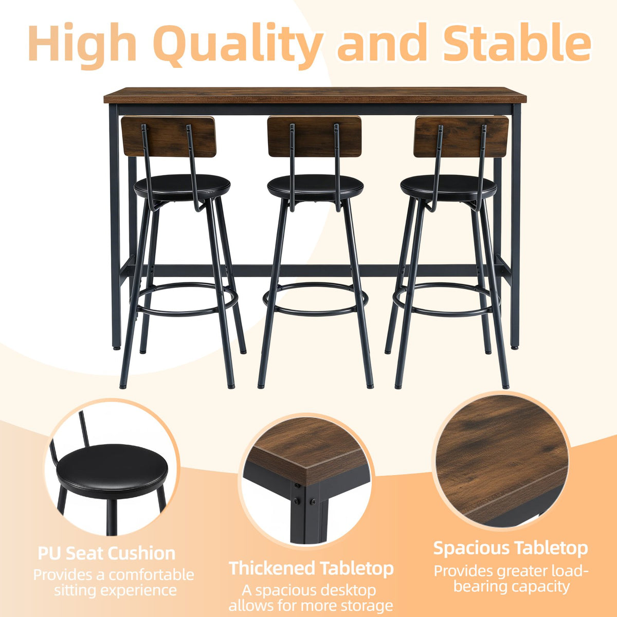 Bar Table and Chairs Set for 3, 4 Piece Industrial Dining Table Set with 3 PU Upholstered Bar Stools, Bar Table Set, Small Space Corner