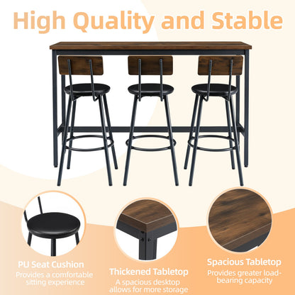 Bar Table and Chairs Set for 3, 4 Piece Industrial Dining Table Set with 3 PU Upholstered Bar Stools, Bar Table Set, Small Space Corner