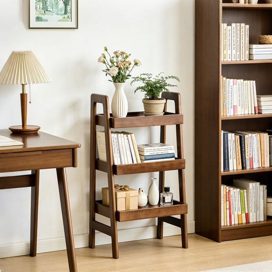 100% Solid Wood Ladder Shelf, 3 Tier Small Ladder Bookshelf, Freestanding Ladder Shelf with Open Storage, Side Table, Saving Space, Walnut