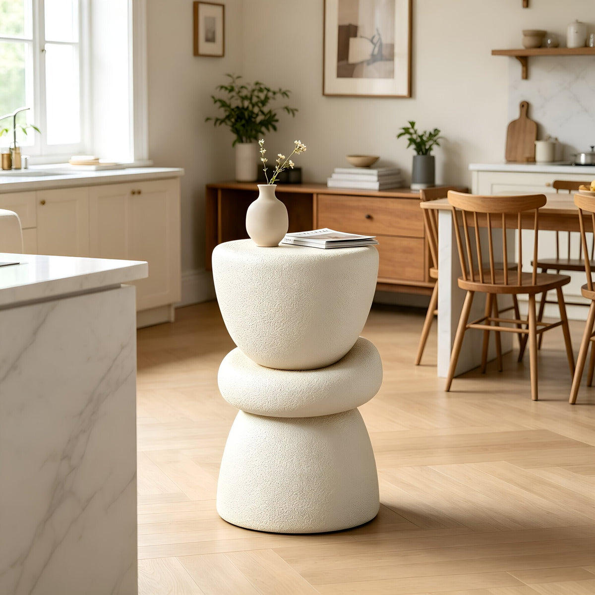 16.14''×13.78''×21.65'' Stacked Organic Sculptural Side Table, Cream Textured Round Fiberglass Accent End Table for Living Room Sofa Corner, No Assembly Required.