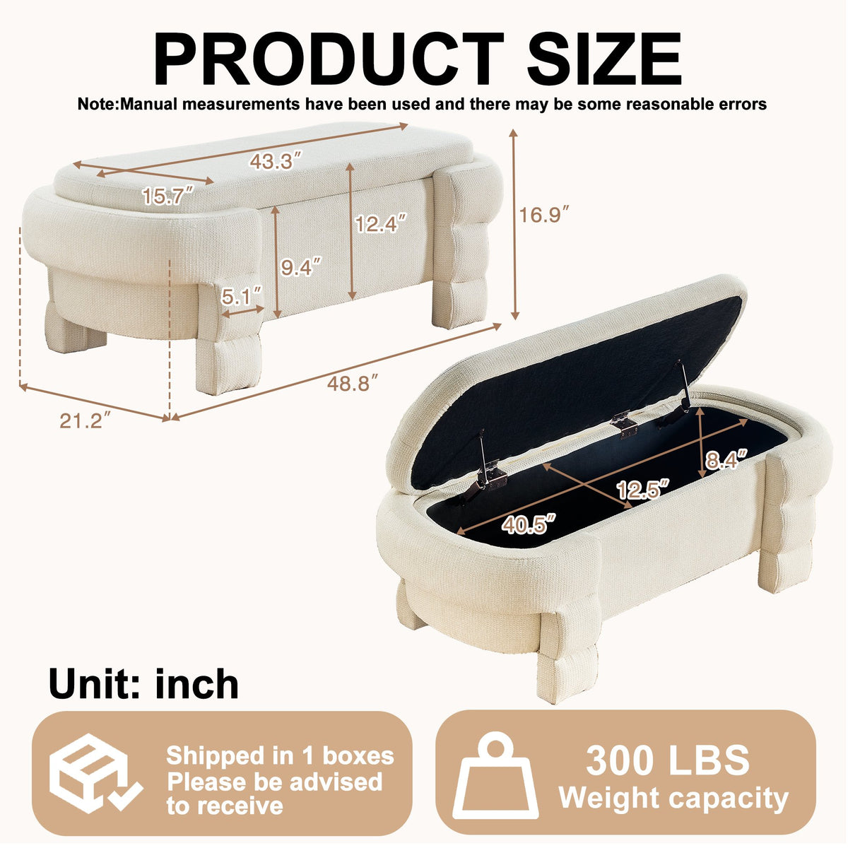 48.8" Ottoman with Storage,Storage Bench,Upholstered Entryway Bench with Seating, End of Bed Ottomans for Living Room, Bedroom, Modern Entryway Benchs,Beige