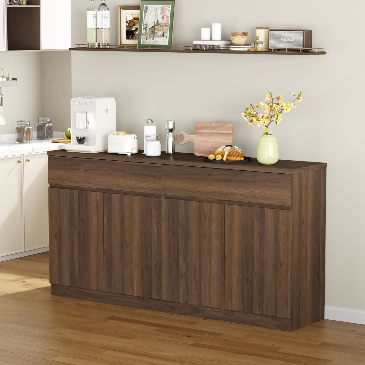 63.1" Sideboard Buffet Cabinet with Storage,Large Kitchen Storage Cabinet with 2 Drawers and 4 Doors, Wood Coffee Bar Buffet Table for Kitchen Dining Room, Walnut