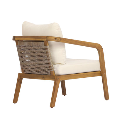 Acacia Wood Outdoor Patio Club Chair with PE Wicker Backrest & Cushions(Set of 2) – Modern Accent Armchair for Balcony, Poolside, and Sunroom