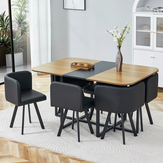 7-Piece Dining Table Set for 6, 1 Table & 6 Black PU Upholstered Chairs, Black & Wood Grain Melamine Table, Modern Kitchen Nook Set