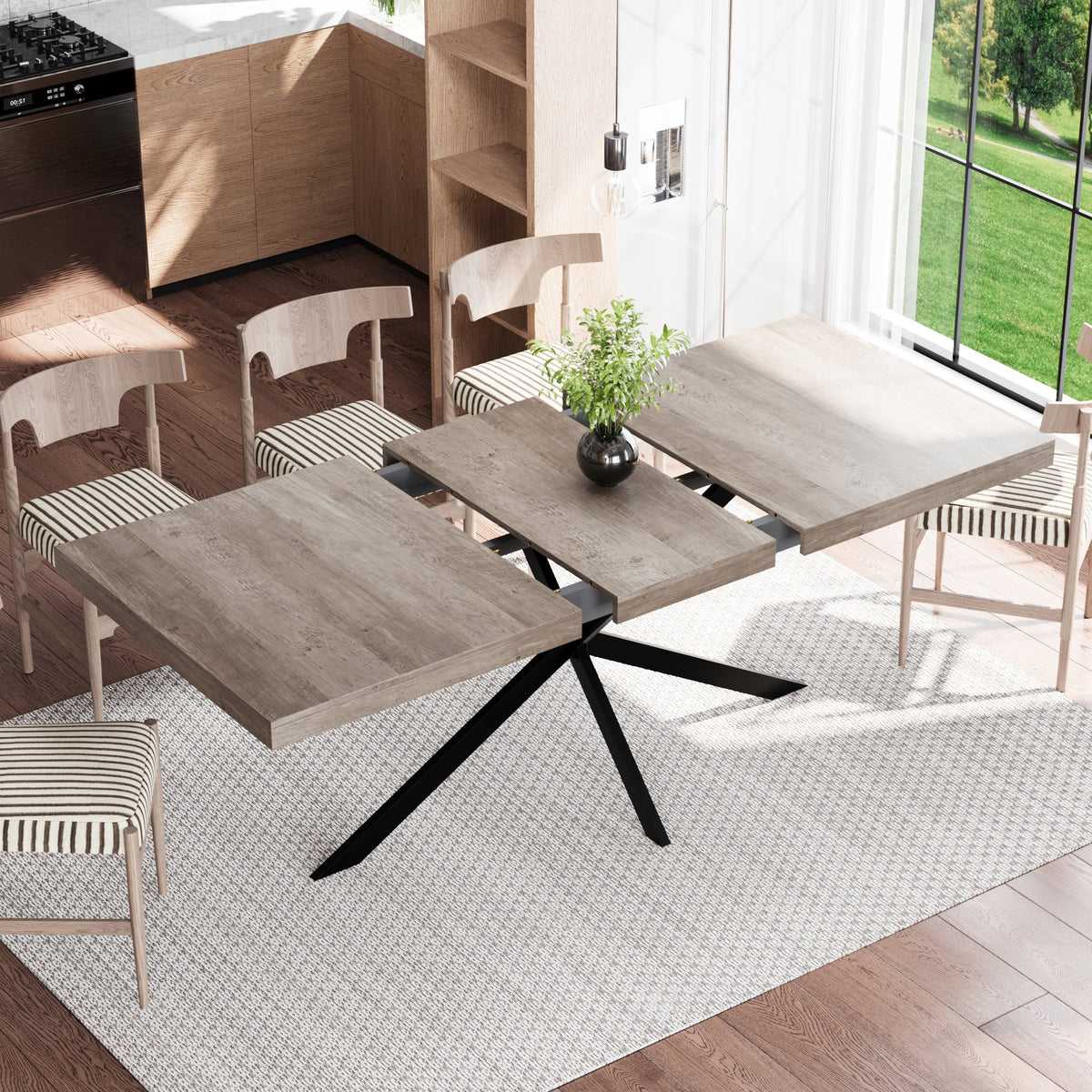 55.11'-70.86'Retro Rectangular Stretch Dining Table, Grey Carole Top With Same Color Embossed Center Plate, With Storage Box, kitchens