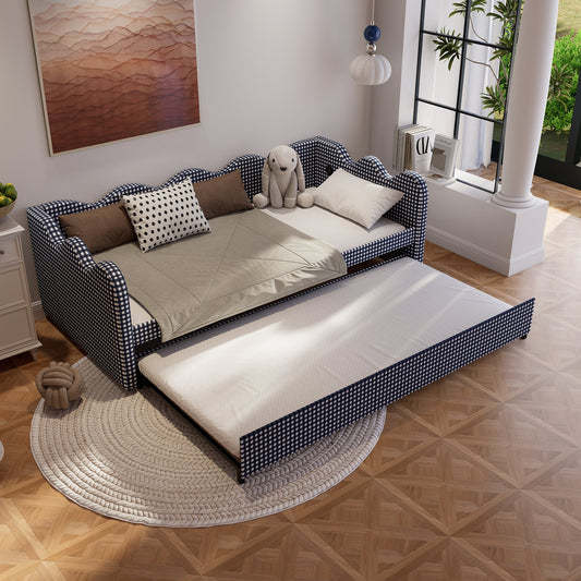 2 in 1 Convertible Sofa Bed, Plaid Fabric Couch Bed with USB Port, Triple Reinforced Frame, Solid Wood Slats, Noise-Free & Anti-Sagging, Space Saving Furniture for Small Space, Kids Room, Guest Room
