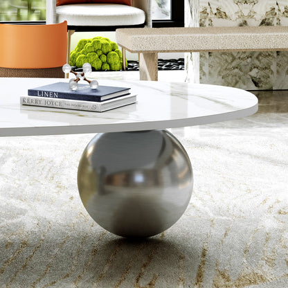 49.2" Free Form Faux Marble Coffee Table, Modern Minimalist Living Room Center Table with Stainless Steel Sphere & Cylinder Legs