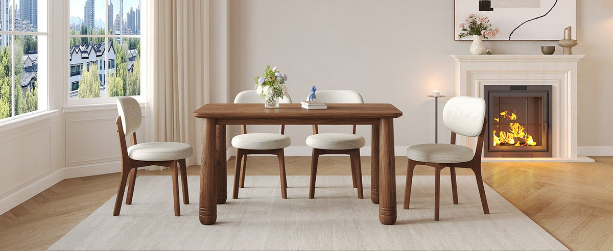 63" Solid Wood Dining Table Set with 4 Upholstered Chairs, Farmhouse Dinner Table Set of 5 Piece with Walnut Finish & Beige Chenille Seats, Heavy-Duty Support up to 1000 lbs, Easy Assembly