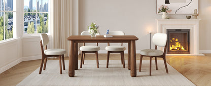 63" Solid Wood Dining Table Set with 4 Upholstered Chairs, Farmhouse Dinner Table Set of 5 Piece with Walnut Finish & Beige Chenille Seats, Heavy-Duty Support up to 1000 lbs, Easy Assembly