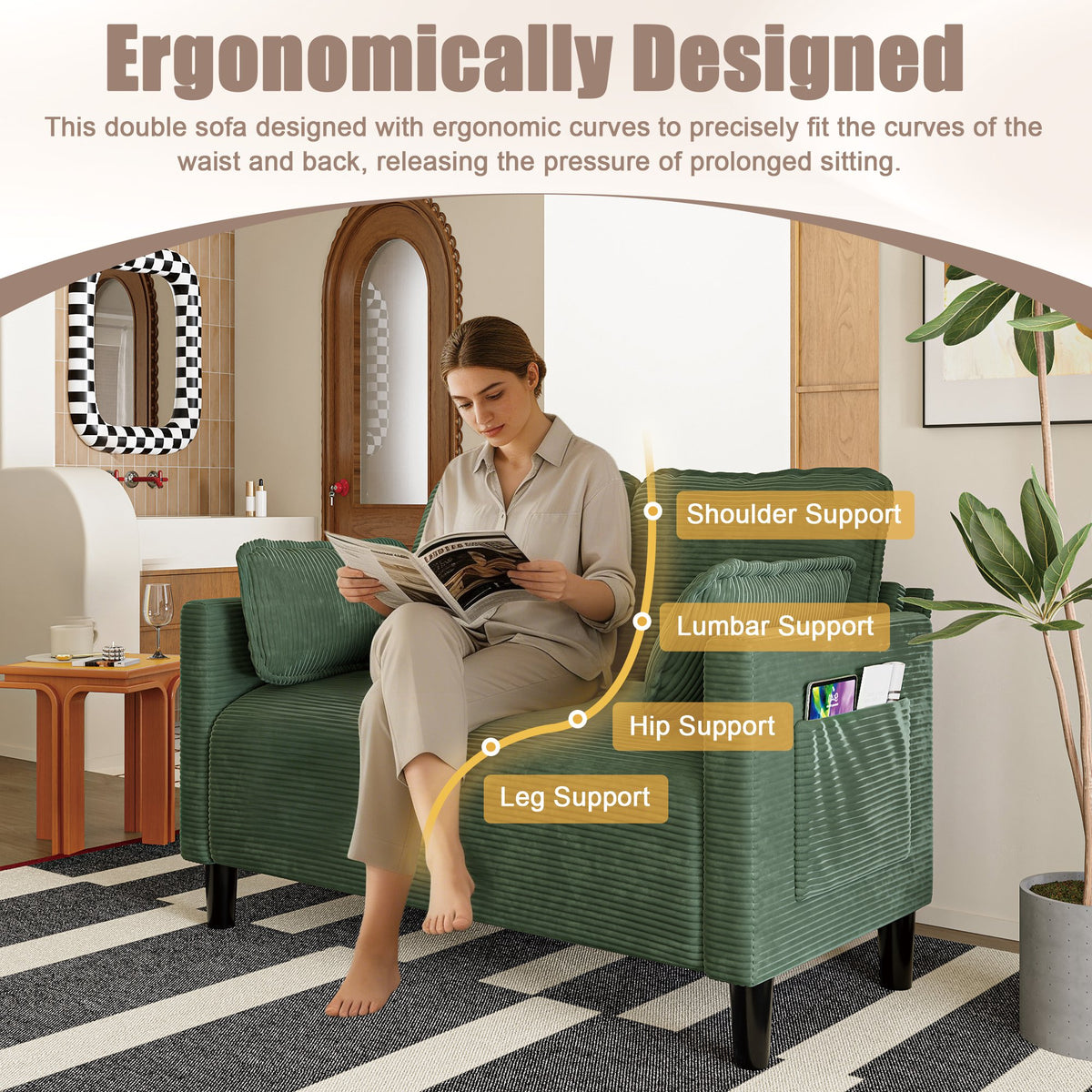 48" Soft Corduroy Loveseat Couch W/Soft Cushions,Side Storage Pocket,Sturdy Composite Board & Solid Wood Frame, High Rebound Sponge,Easy Assembly,Ideal for Living Room,Apartment,Dorm,Office.