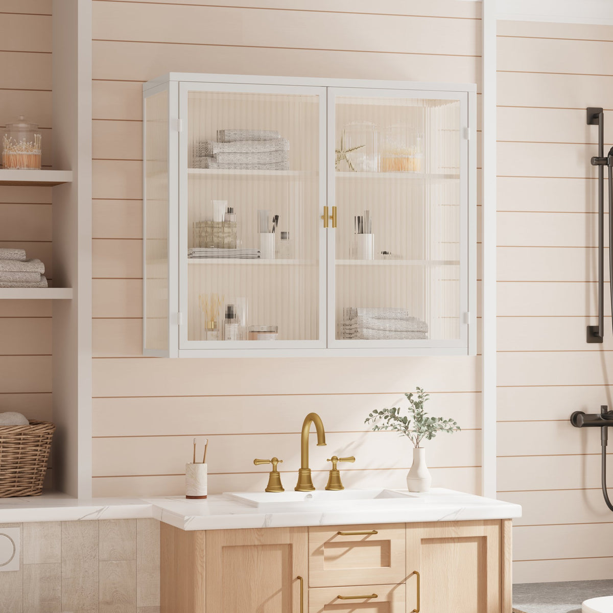 27.56"Glass Doors Modern Two-door Wall Cabinet with Featuring Three-tier Storage for Entryway Living Room Bathroom Dining Room,White(same sku:W757119328)