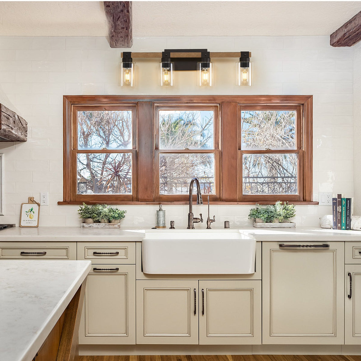 4-Light Farmhouse Vanity Light, Antique Wood Bathroom Wall Light with Clear Glass Shades, Mirror Lighting for Bedroom & Hallway, No Bulbs Included