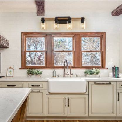 4-Light Farmhouse Vanity Light, Antique Wood Bathroom Wall Light with Clear Glass Shades, Mirror Lighting for Bedroom & Hallway, No Bulbs Included