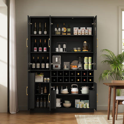 70.87'' Tall Wine Bar Cabinet with Glass Doors, Modern Liquor Cabinet with Removable 14-Bottle Wine Rack & Built-in Door Shelves, High-Capacity Home Bar Cabinet, Black70.87