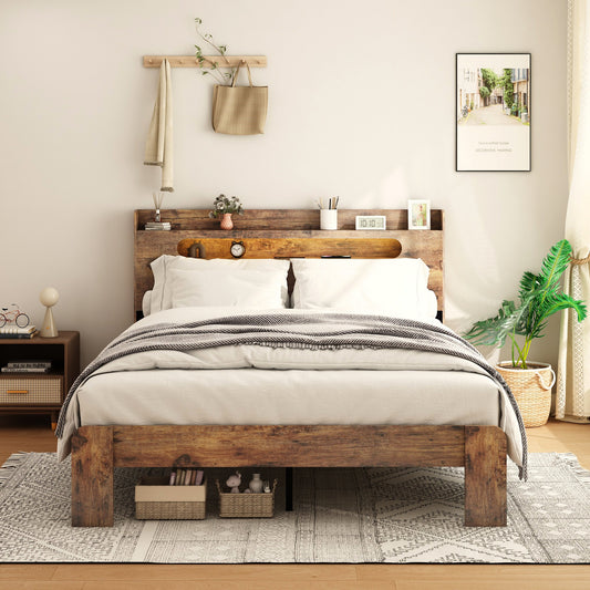 Bed Frame King Size, Wood Platform Bed Frame with Storage LED Light Headboard and 2 USB, Noise Free