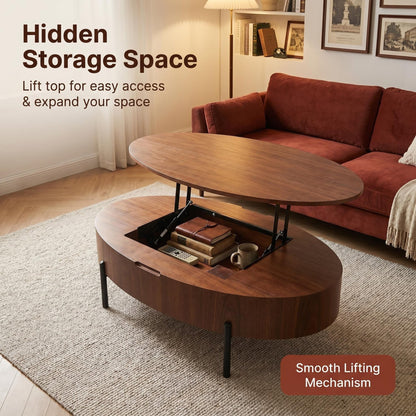 43.3-inch height-adjustable coffee table with solid wood veneer; modern-style coffee table with storage and adjustable height, suitable for living rooms, bedrooms, flats or offices; walnut colour