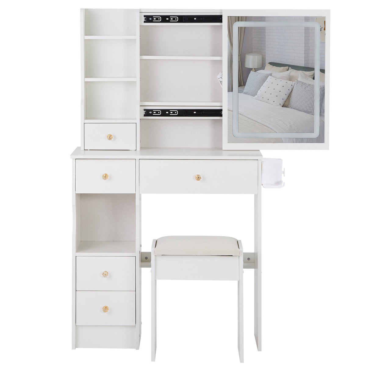 29.2" Small Size Left Drawer Desktop Vanity Table + Cushioned Stool, 2 AC+2 USB Power Station, Hair dryer bracket