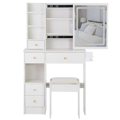 29.2" Small Size Left Drawer Desktop Vanity Table + Cushioned Stool, 2 AC+2 USB Power Station, Hair dryer bracket