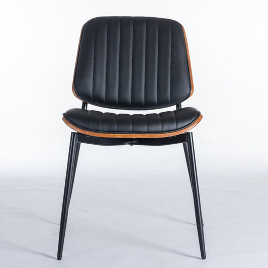 A&A Furniture, Dining Chairs Set of 2 Mid Century Modern Retro Faux Leather Chair with Walnut Bentwood Back Upholstered Seat Metal Legs – Black