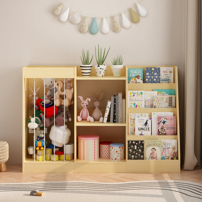 3-in-1 Kids Bookshelf and Toy Storage, 4-Tier Book Shelf for Kids Rooms, Sling Baby Bookcase with Stuffed Animal Storage, Toddler Montessori Bookshelf for Nursery, Playroom, Kindergarten, Natural