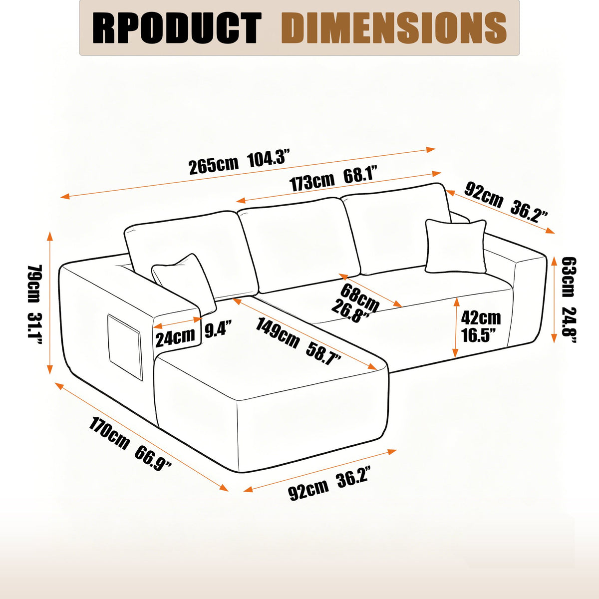 104" Cloud Sectional Sofa with L-Shape Chaise and Side Pockets, Modern Modular Design, Deep Seating, Upholstered Couch – Black