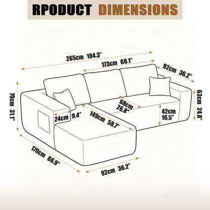 104" Cloud Sectional Sofa with L-Shape Chaise and Side Pockets, Modern Modular Design, Deep Seating, Upholstered Couch – Black