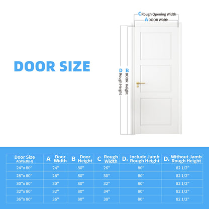 28" X 80'Primed Slab Door 3-Paneled Solid Core Wood Standard Door for Pantry Doors, French Doors, Pocket Doors