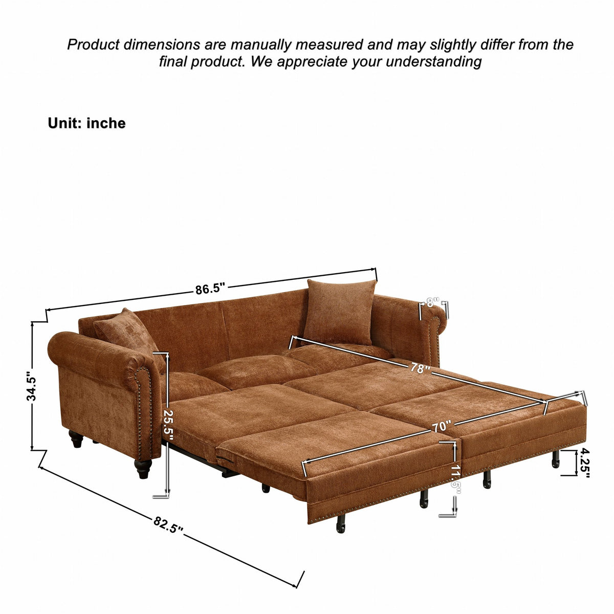 86" King Pull Out Sofa Bed, 3 in 1 Convertible Sleeper Sofa,Modern 3 Seat Couch with Nailhead Trim & Rolled Arm for Living Room, Apartment, Office, Caramel Chenille
