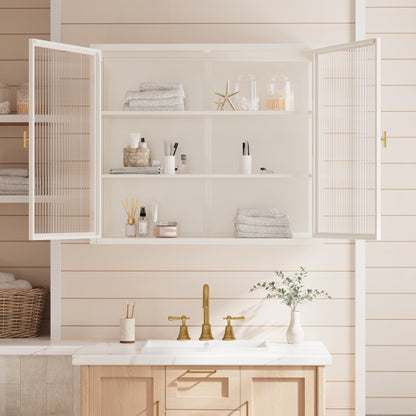 27.56"Glass Doors Modern Two-door Wall Cabinet with Featuring Three-tier Storage for Entryway Living Room Bathroom Dining Room,White(same sku:W757119328)