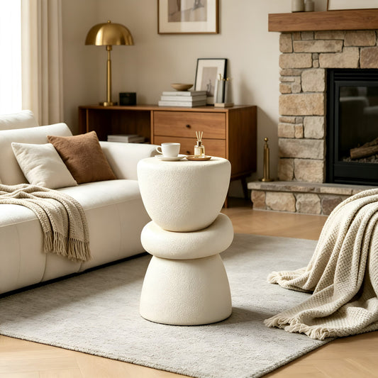 16.14''×13.78''×21.65'' Stacked Organic Sculptural Side Table, Cream Textured Round Fiberglass Accent End Table for Living Room Sofa Corner, No Assembly Required.