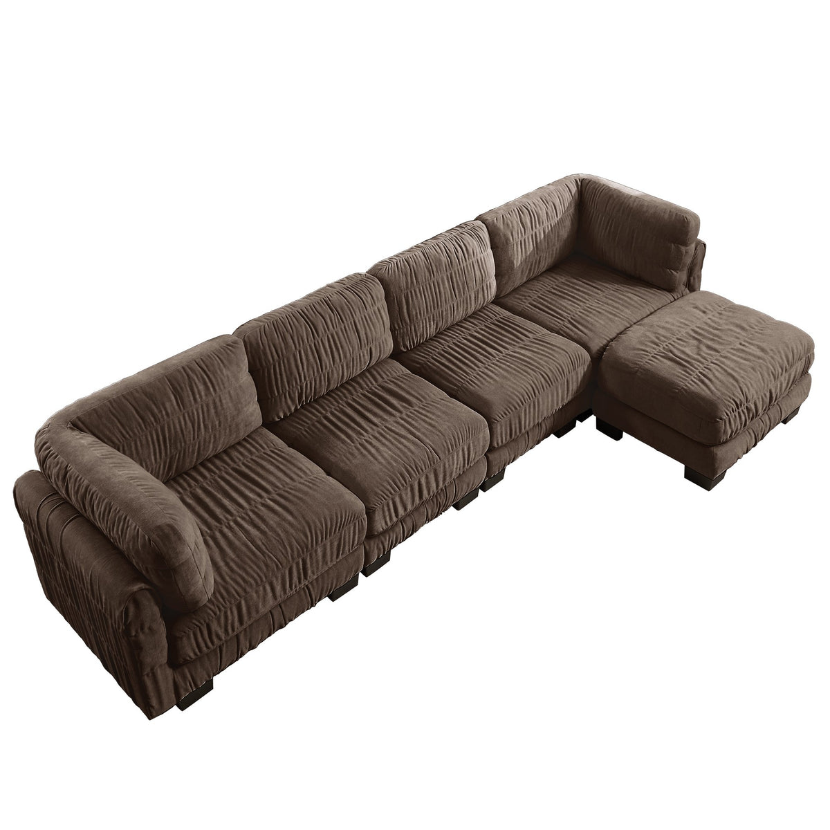 4 Seat Ruched Detailing Chenille Modular Sectional Sofa,Movable Ottoman,High-Density Foam,L Shape Thickened  Back Cushions,Easy Assembly,For Living Room,Bedroom,Brown