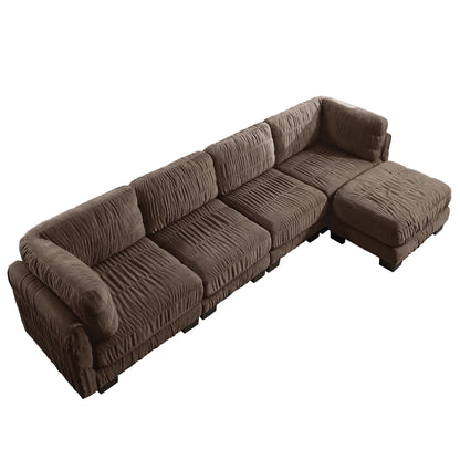 4 Seat Ruched Detailing Chenille Modular Sectional Sofa,Movable Ottoman,High-Density Foam,L Shape Thickened  Back Cushions,Easy Assembly,For Living Room,Bedroom,Brown
