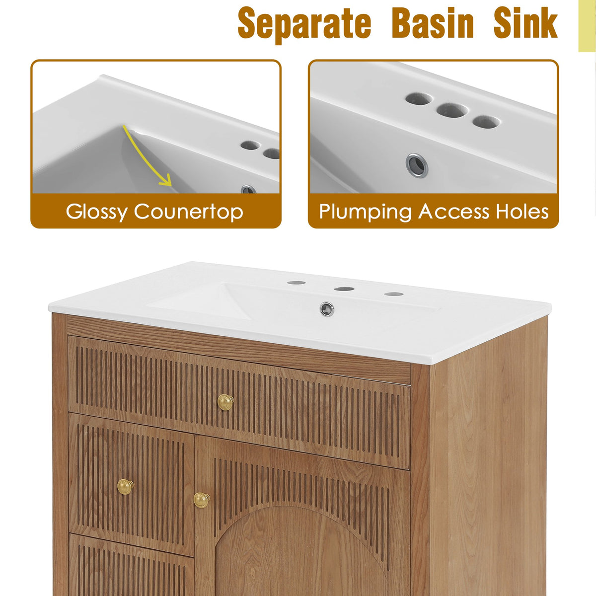 30 Inch Freestanding Farmhouse Bathroom Vanity with Integrated White Ceramic Sink Top, Smooth Finish Natural Acacia Wood Veneer Herringbone Chevron Cabinet, Soft Close Doors & Full Extension Drawer, B