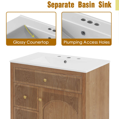 30 Inch Freestanding Farmhouse Bathroom Vanity with Integrated White Ceramic Sink Top, Smooth Finish Natural Acacia Wood Veneer Herringbone Chevron Cabinet, Soft Close Doors & Full Extension Drawer, B
