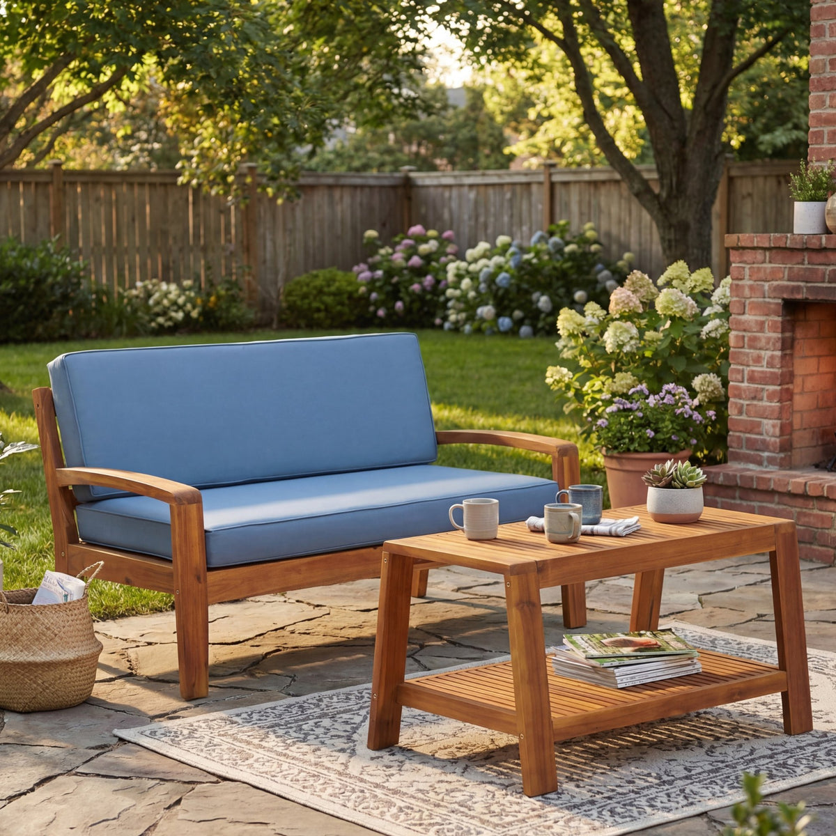 2-Piece Outdoor Teak Acacia Wood Conversation Set - Loveseat & Coffee Table with Blue Water-Resistant Cushions for Patio, Deck & Backyard