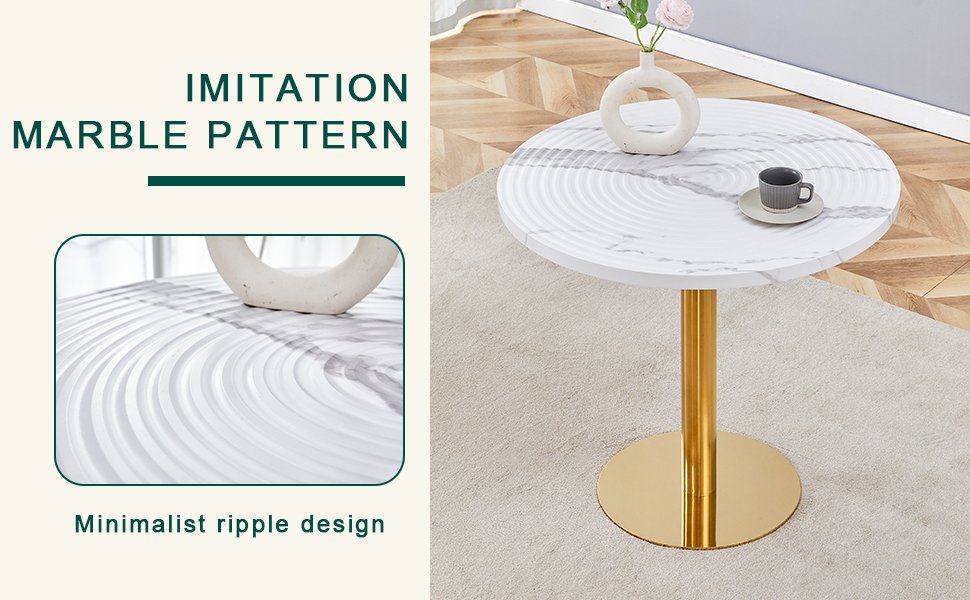 31.5 Inch Elegant White Marble Pattern Round Dining Table - Suction Molding Annular Texture