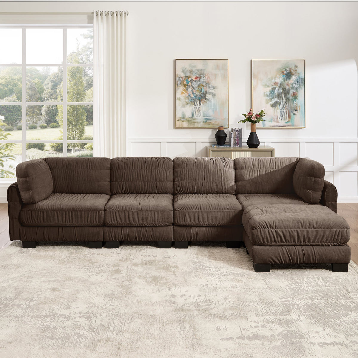 4 Seat Ruched Detailing Chenille Modular Sectional Sofa,Movable Ottoman,High-Density Foam,L Shape Thickened  Back Cushions,Easy Assembly,For Living Room,Bedroom,Brown