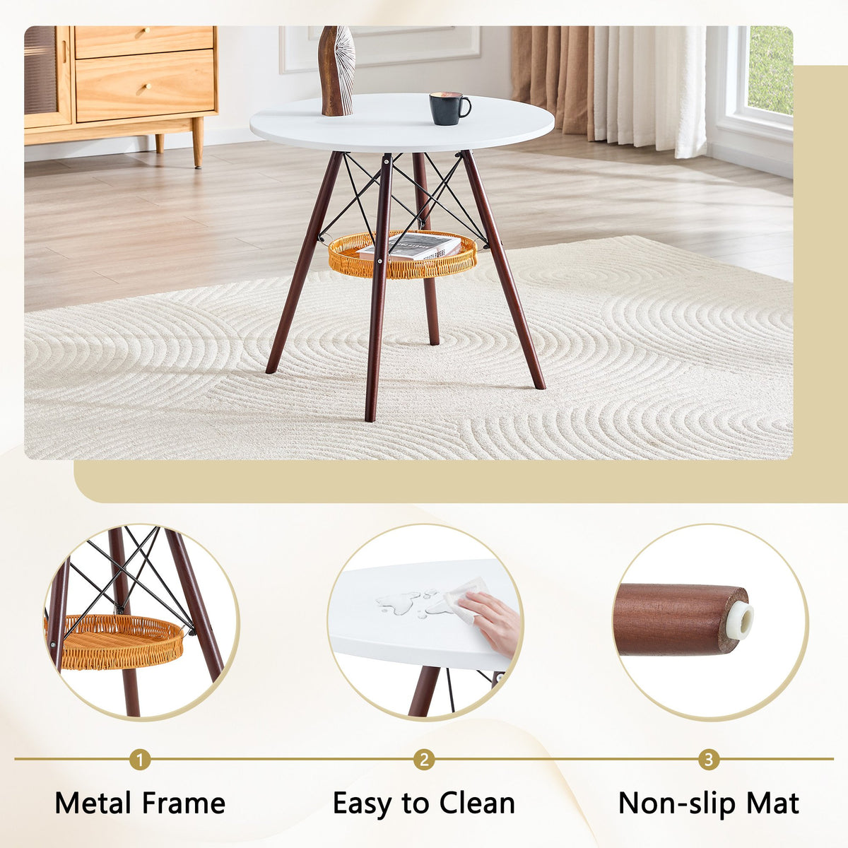 31.5-inch diameter circular dining table, white MDF vacuum formed tabletop, walnut solid wood legs