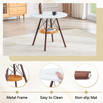 31.5-inch diameter circular dining table, white MDF vacuum formed tabletop, walnut solid wood legs