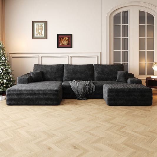 107"Cloud Sectional Sofa with 1 Ottoman,Modern Minimalist Upholstered Couches,Comfort U Shaped Sofa for Living Room,Deep Seat Corner Couch,No Assembly Required (Plush Corduroy Fabric),Black