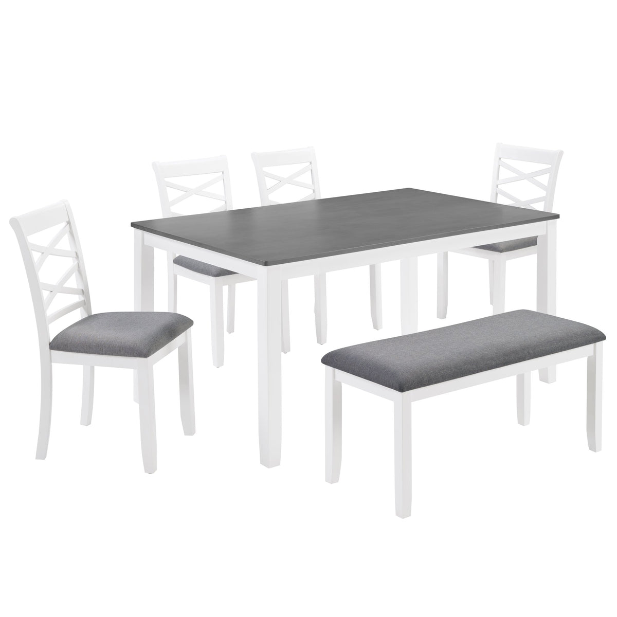 6-Piece Dining Table Set with Bench, Wood Dining Table Set for 6, Modern 6-Person Dining Table Set, Grey & White two tone