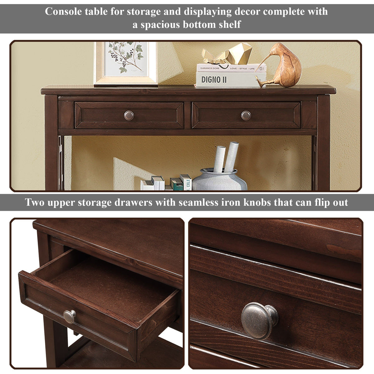 36'' Farmhouse Pine Wood Console Table Entry Sofa Table with 4 Drawers & 1 Storage Shelf for Entryway Living Room Bedroom Hallway Kitchen